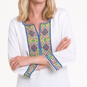 John Mark Linen Tunic White With Multicolor Embroidered Excellent Size S